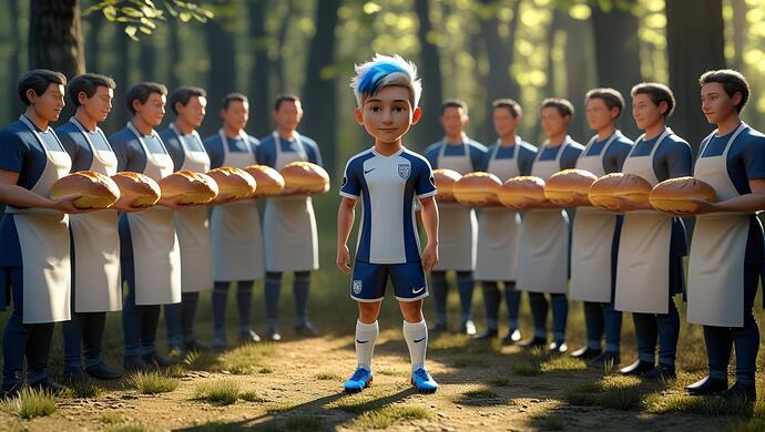 Faz me um jogador de Soccer com estatura baixa,  e com cabelo curto pintado de branco com equipamento azul e branco, acompanhado por 10 padeiros  com pão na mão numa floresta.