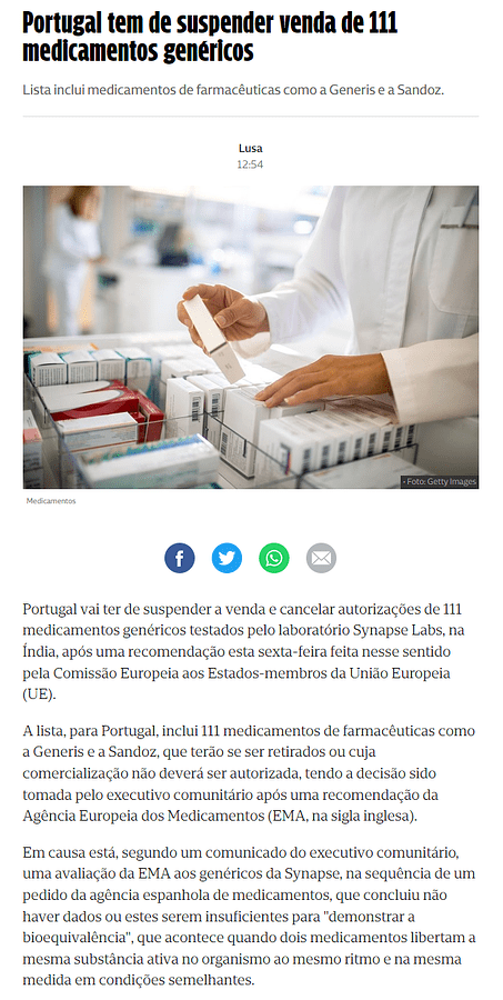 2024.05. Portugal tem de suspender venda de 111 medicamentos genéricos - Socie_ - www.cmjornal.pt