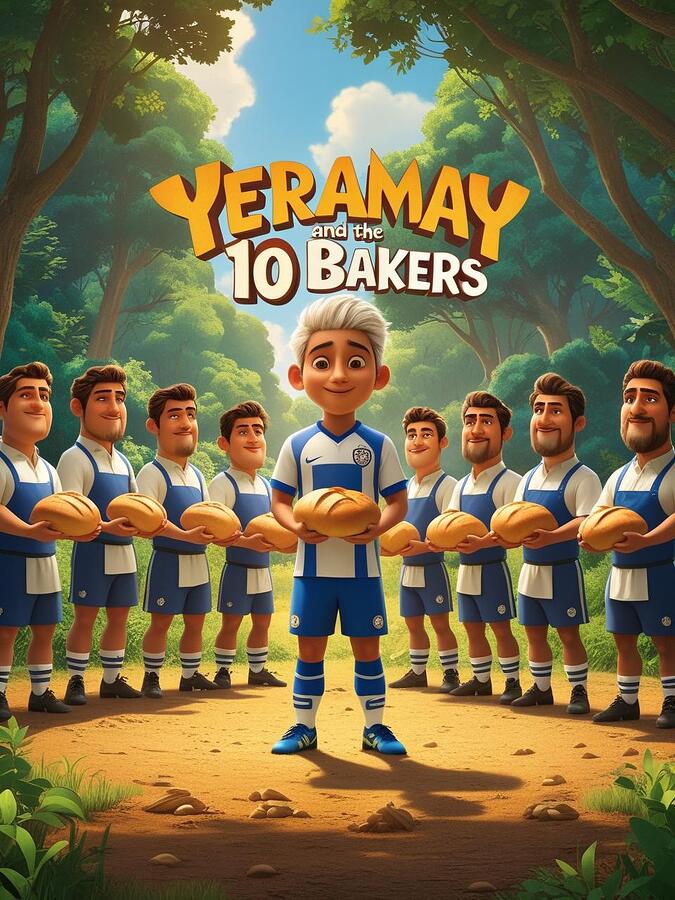 Faz me um jogador de Soccer com estatura baixa,  e com cabelo curto pintado de branco com equipamento a...zr 10 padeiros  com pão na mão numa floresta. Ao estilo de um poster de cinema de um filme de animação com o título ' Ye
