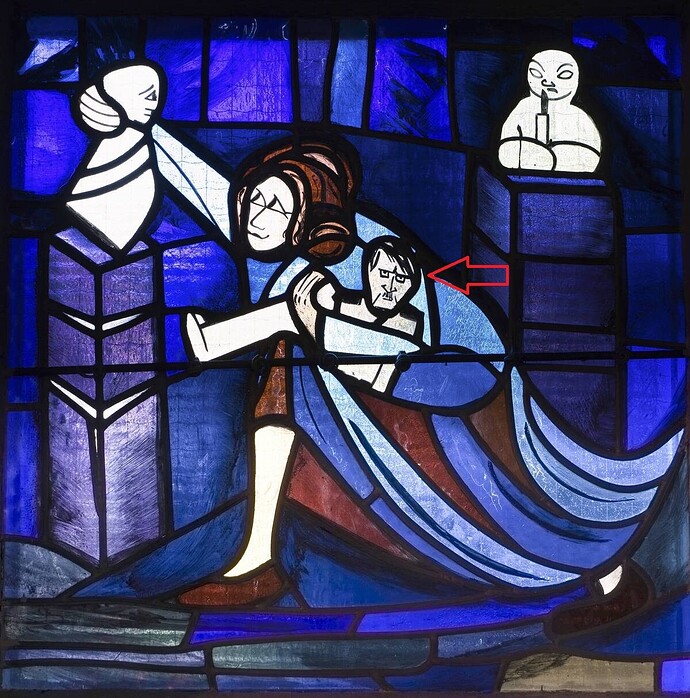 Raquel, filha de Labão, rouba os ídolos do pai. Vitral de Gabriele Kütemeyer-Igreja de Santa Teresa (Vasperviller, França) 1968
